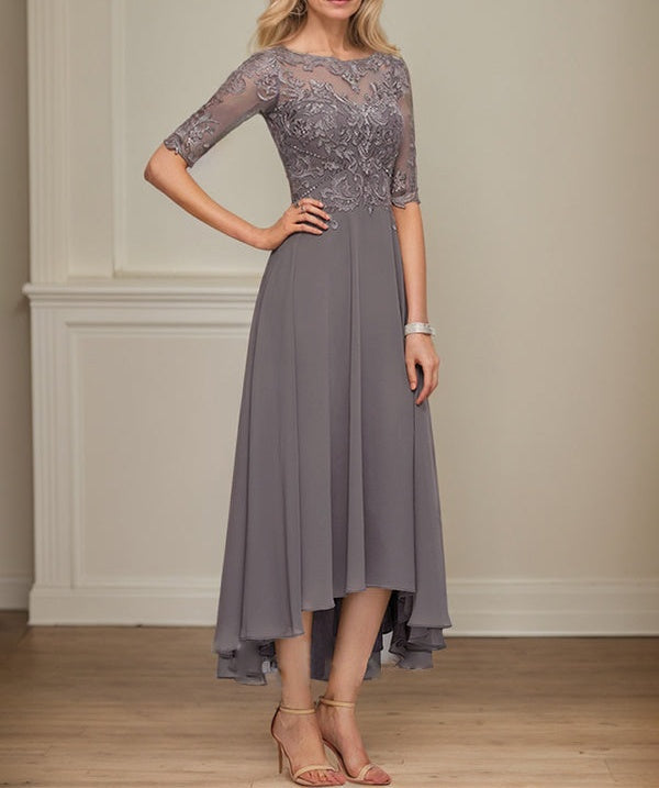 A-line Boat Neck Illusion Asymmetrical Chiffon Lace Mother of the Bride Dress With Sequins Beading