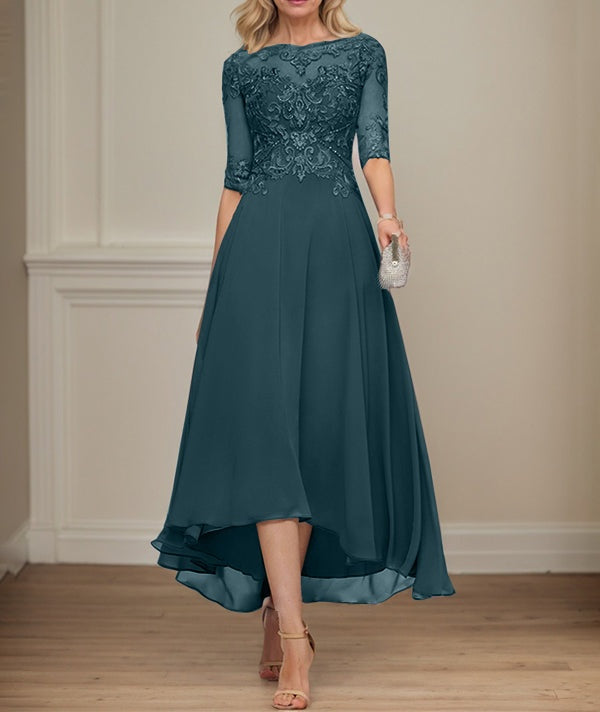 A-line Boat Neck Illusion Asymmetrical Chiffon Lace Mother of the Bride Dress With Sequins Beading