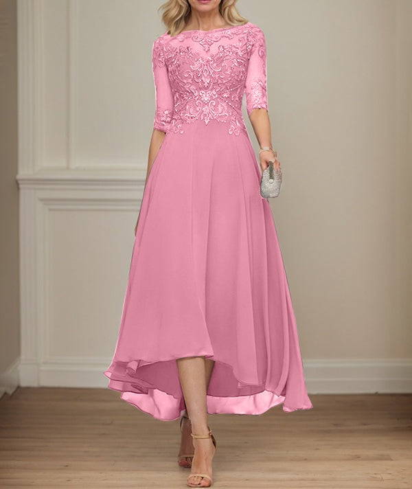 A-line Boat Neck Illusion Asymmetrical Chiffon Lace Mother of the Bride Dress With Sequins Beading