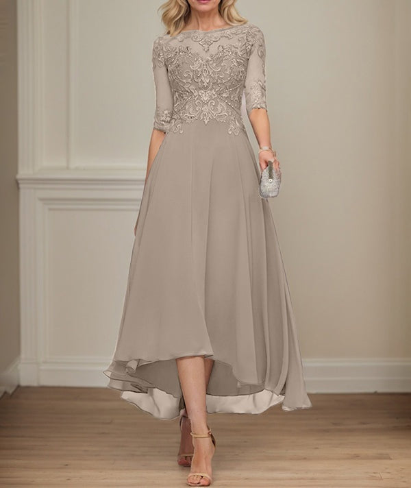 A-line Boat Neck Illusion Asymmetrical Chiffon Lace Mother of the Bride Dress With Sequins Beading