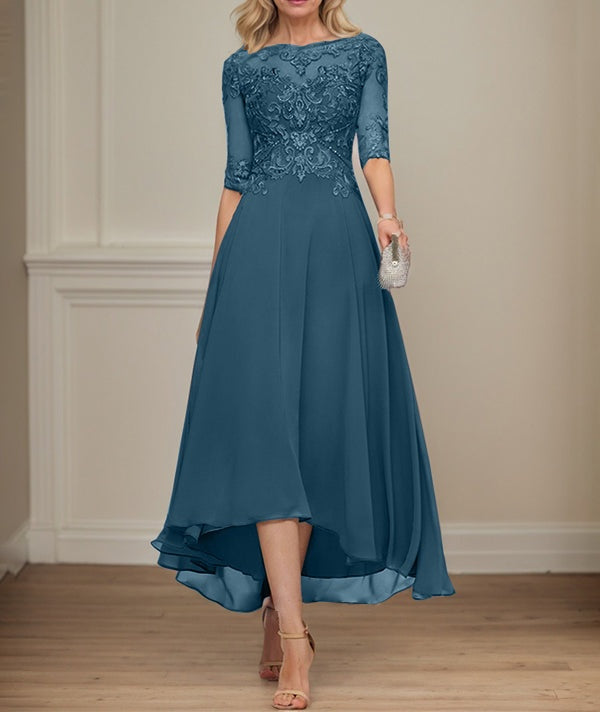 A-line Boat Neck Illusion Asymmetrical Chiffon Lace Mother of the Bride Dress With Sequins Beading