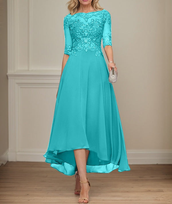 A-line Boat Neck Illusion Asymmetrical Chiffon Lace Mother of the Bride Dress With Sequins Beading