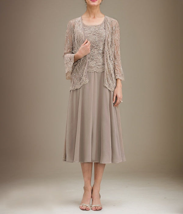 A-line Scoop Tea-Length Lace Chiffon Mother of the Bride Dress With Sequins