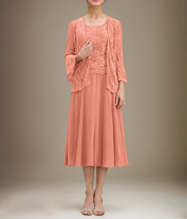 A-line Scoop Tea-Length Lace Chiffon Mother of the Bride Dress With Sequins