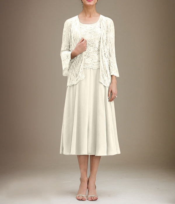 A-line Scoop Tea-Length Lace Chiffon Mother of the Bride Dress With Sequins