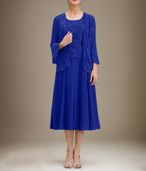 A-line Scoop Tea-Length Lace Chiffon Mother of the Bride Dress With Sequins