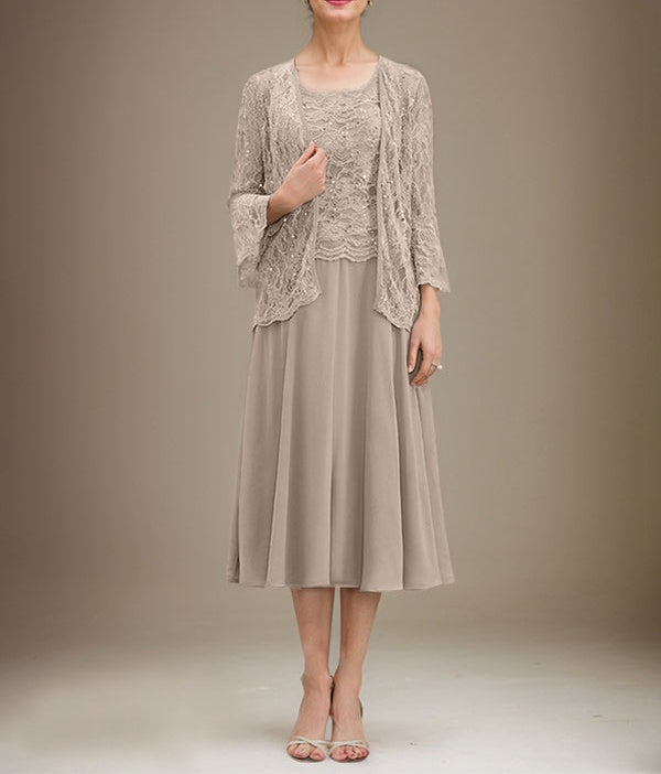 A-line Scoop Tea-Length Lace Chiffon Mother of the Bride Dress With Sequins