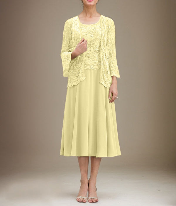 A-line Scoop Tea-Length Lace Chiffon Mother of the Bride Dress With Sequins