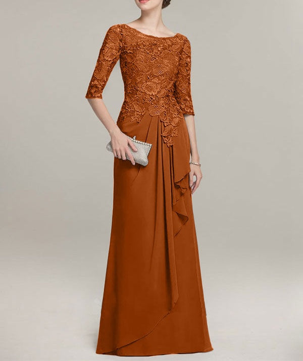 A-line Scoop Illusion Floor-Length Lace Chiffon Mother of the Bride Dress With Cascading Ruffles