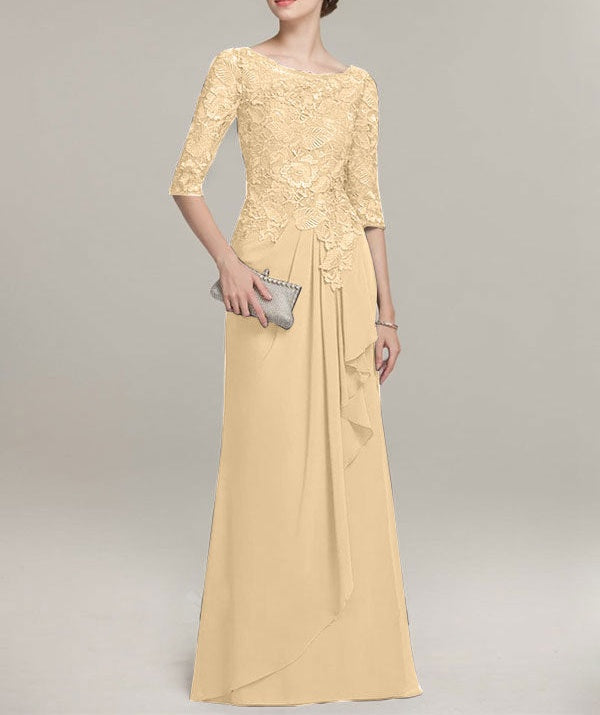 A-line Scoop Illusion Floor-Length Lace Chiffon Mother of the Bride Dress With Cascading Ruffles