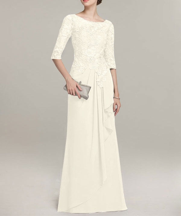 A-line Scoop Illusion Floor-Length Lace Chiffon Mother of the Bride Dress With Cascading Ruffles