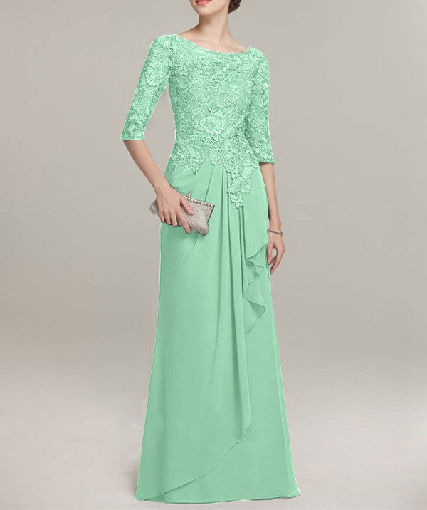 A-line Scoop Illusion Floor-Length Lace Chiffon Mother of the Bride Dress With Cascading Ruffles