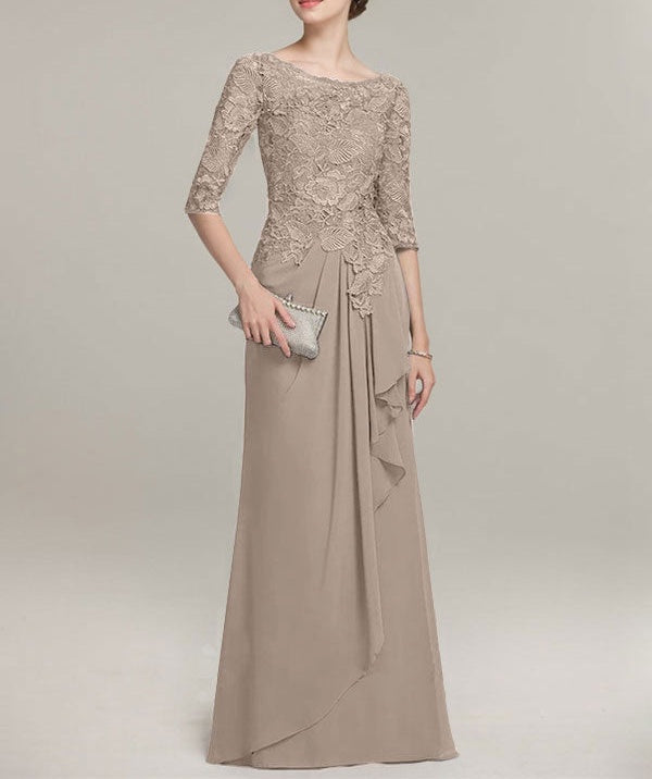 A-line Scoop Illusion Floor-Length Lace Chiffon Mother of the Bride Dress With Cascading Ruffles
