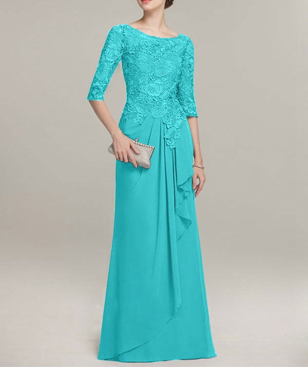 A-line Scoop Illusion Floor-Length Lace Chiffon Mother of the Bride Dress With Cascading Ruffles