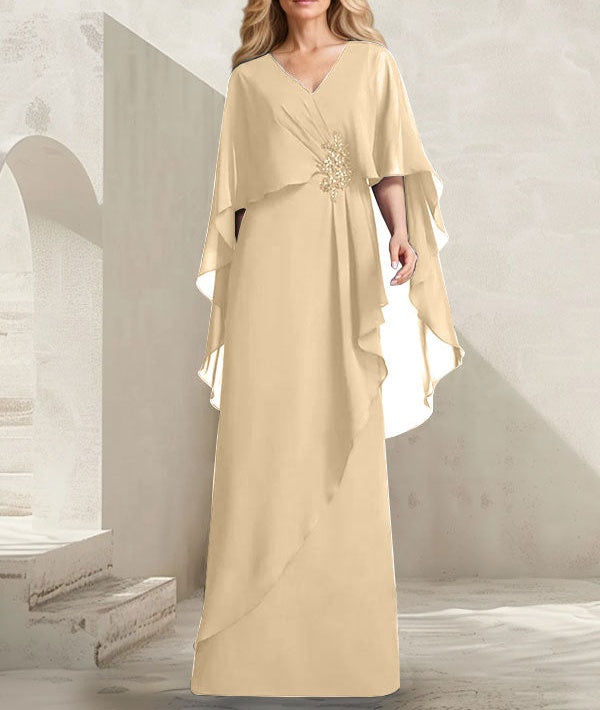 A-line V-Neck Floor-Length Chiffon Mother of the Bride Dress With Cascading Ruffles Beading