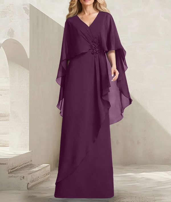 A-line V-Neck Floor-Length Chiffon Mother of the Bride Dress With Cascading Ruffles Beading