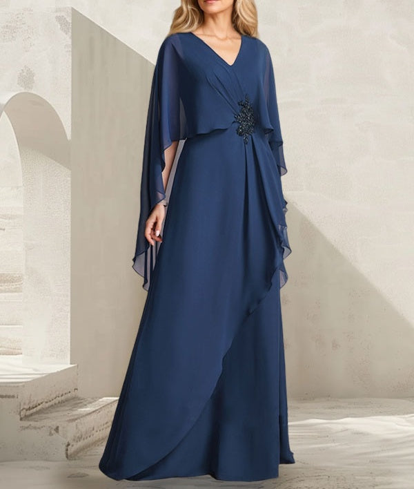 A-line V-Neck Floor-Length Chiffon Mother of the Bride Dress With Cascading Ruffles Beading