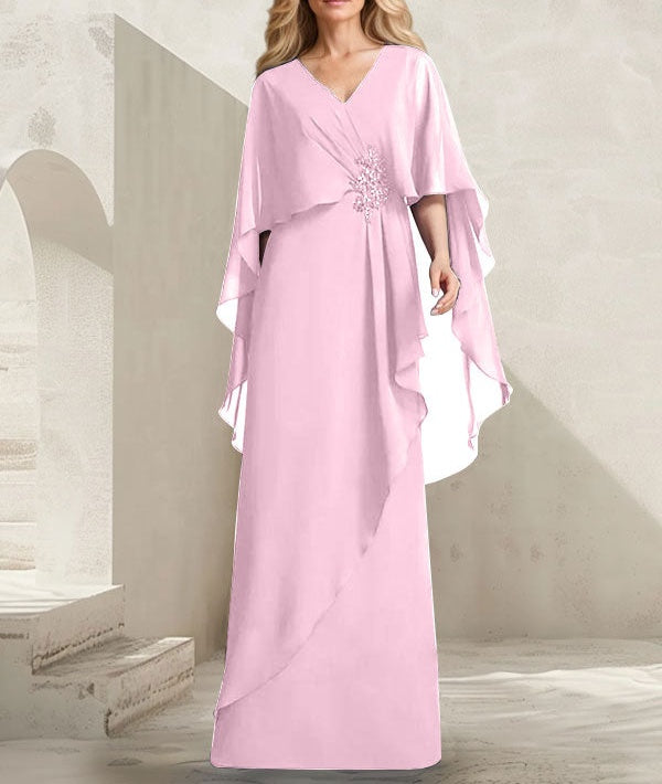 A-line V-Neck Floor-Length Chiffon Mother of the Bride Dress With Cascading Ruffles Beading