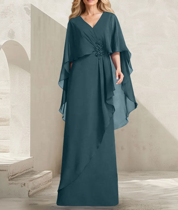 A-line V-Neck Floor-Length Chiffon Mother of the Bride Dress With Cascading Ruffles Beading