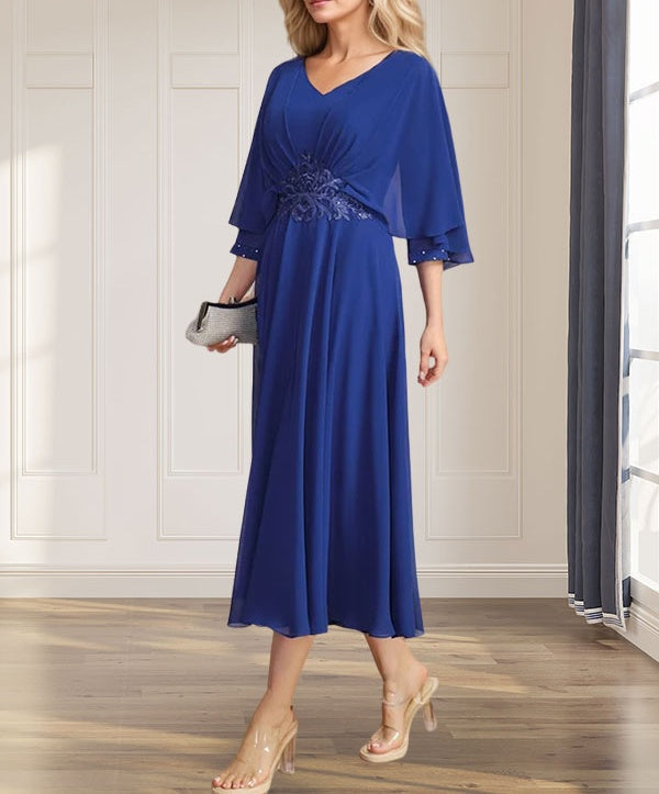 A-line V-Neck Tea-Length Chiffon Mother of the Bride Dress With Pleated Sequins Appliques Lace Beadind