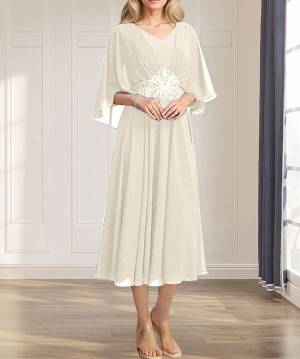 A-line V-Neck Tea-Length Chiffon Mother of the Bride Dress With Pleated Sequins Appliques Lace Beadind
