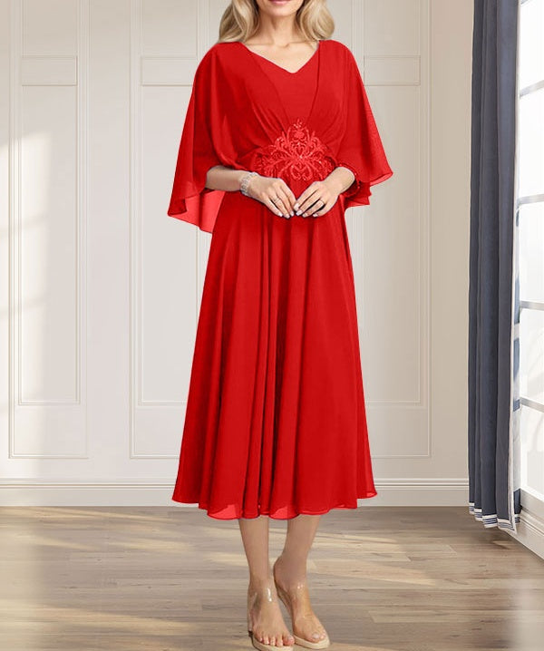 A-line V-Neck Tea-Length Chiffon Mother of the Bride Dress With Pleated Sequins Appliques Lace Beadind