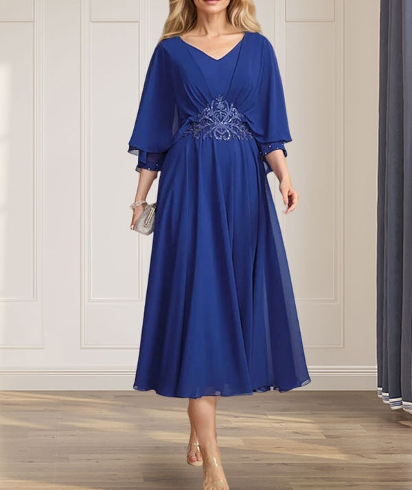A-line V-Neck Tea-Length Chiffon Mother of the Bride Dress With Pleated Sequins Appliques Lace Beadind