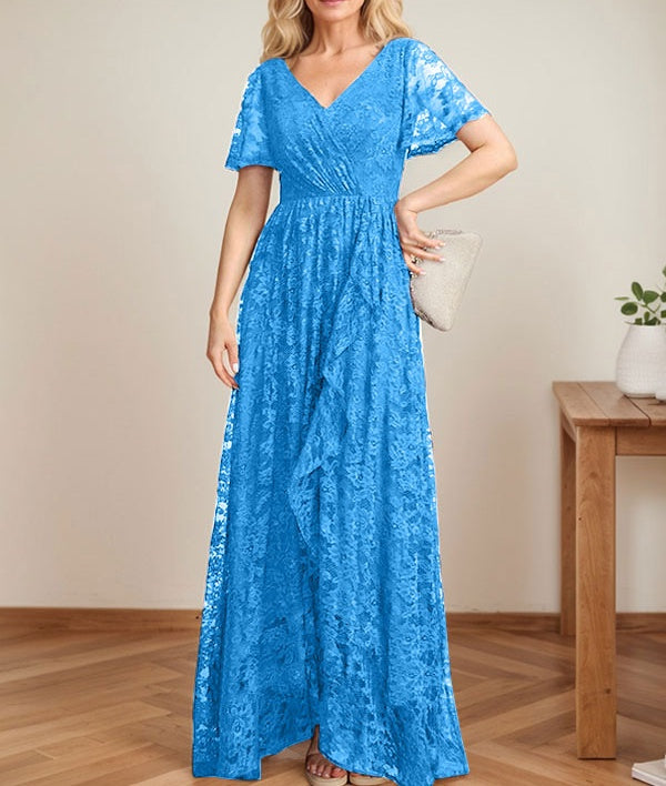 A-Line V-Neck Asymmetrical Lace Mother of the Bride Dress With Cascading Ruffles