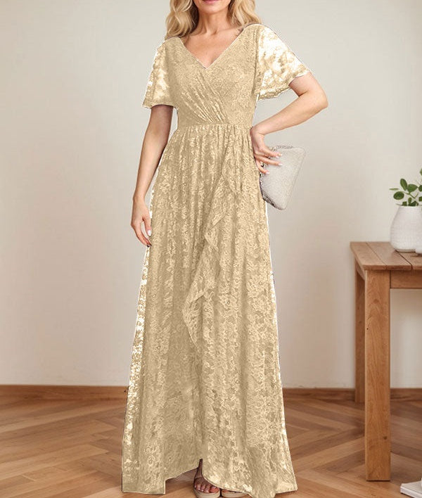 A-Line V-Neck Asymmetrical Lace Mother of the Bride Dress With Cascading Ruffles