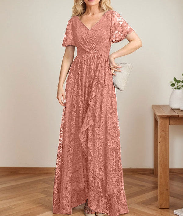 A-Line V-Neck Asymmetrical Lace Mother of the Bride Dress With Cascading Ruffles