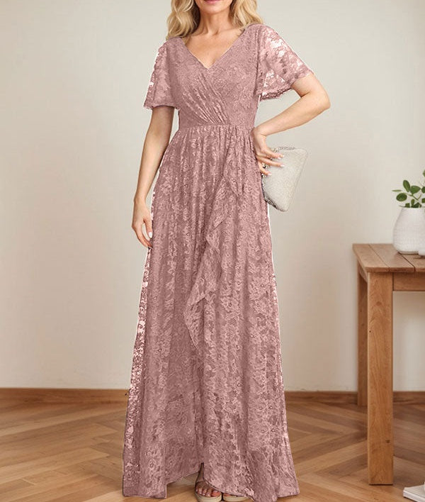 A-Line V-Neck Asymmetrical Lace Mother of the Bride Dress With Cascading Ruffles