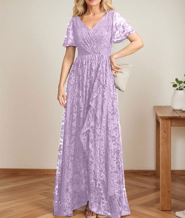 A-Line V-Neck Asymmetrical Lace Mother of the Bride Dress With Cascading Ruffles