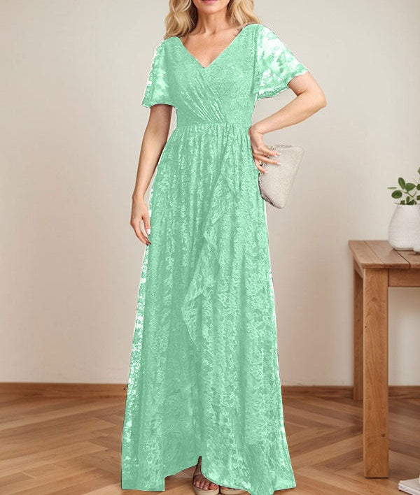 A-Line V-Neck Asymmetrical Lace Mother of the Bride Dress With Cascading Ruffles