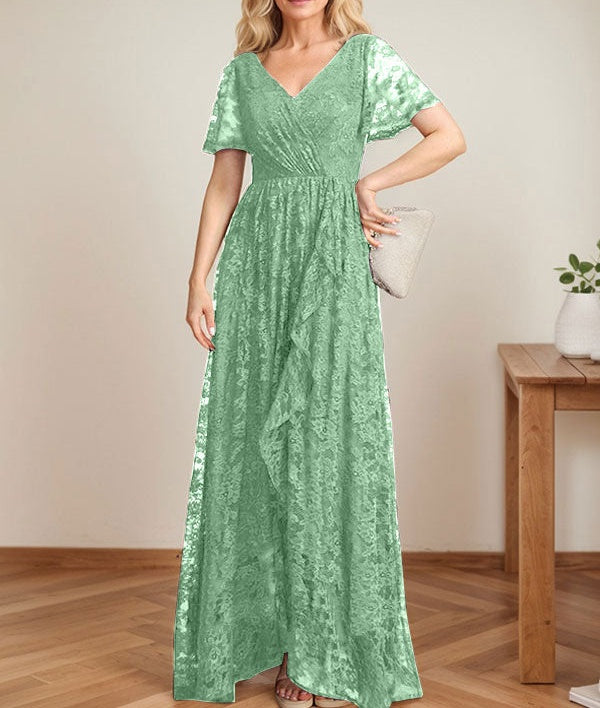 A-Line V-Neck Asymmetrical Lace Mother of the Bride Dress With Cascading Ruffles