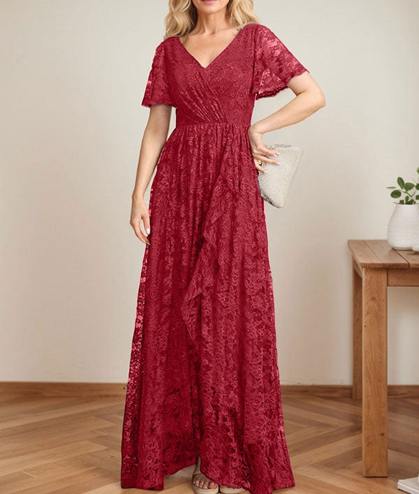 A-Line V-Neck Asymmetrical Lace Mother of the Bride Dress With Cascading Ruffles