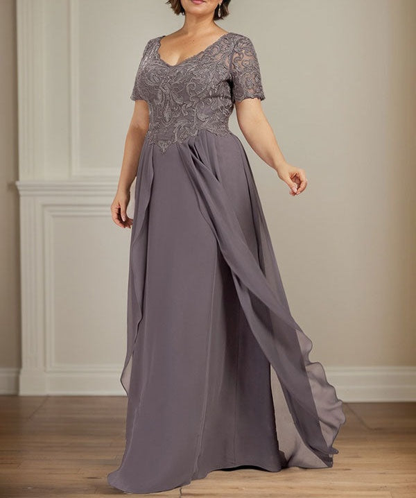 A-line V-Neck Floor-Length Chiffon Lace Mother of the Bride Dress