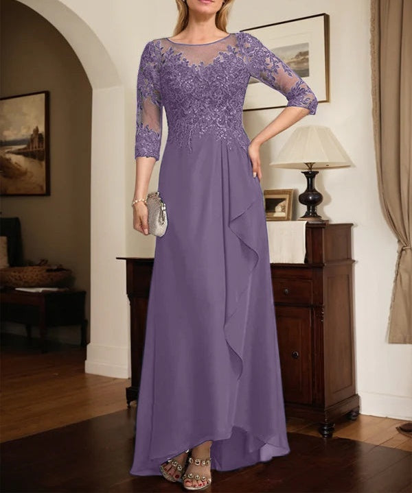 A-line Scoop Illusion Asymmetrical Lace Chiffon Mother of the Bride Dress With Sequins Cascading Ruffles