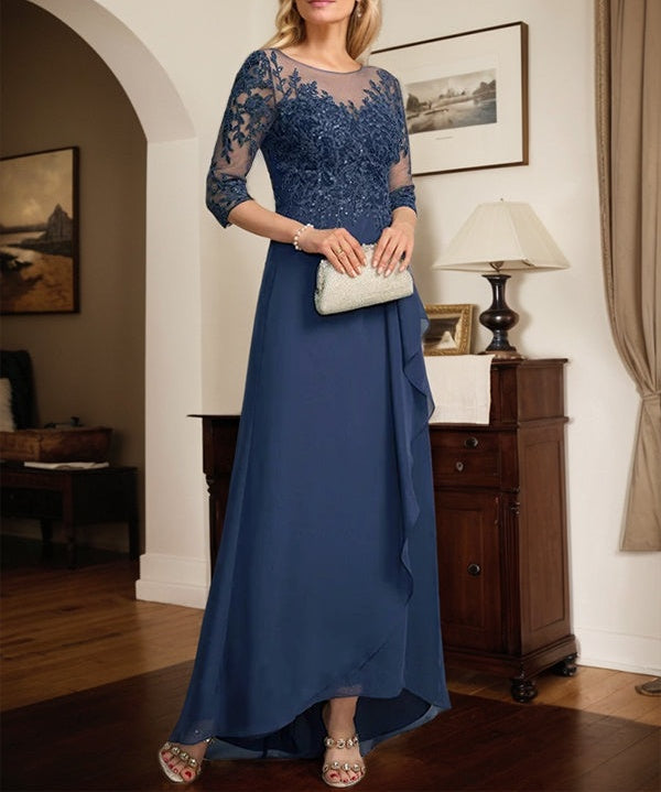 A-line Scoop Illusion Asymmetrical Lace Chiffon Mother of the Bride Dress With Sequins Cascading Ruffles