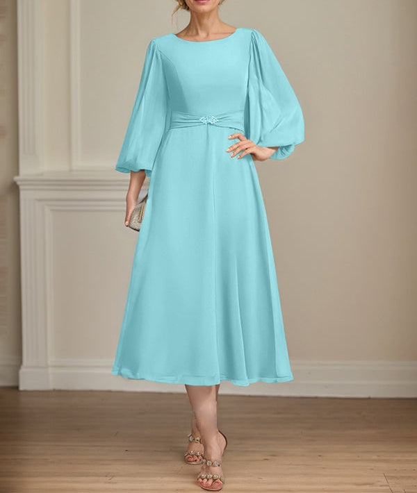 A-line Scoop Tea-Length Chiffon Mother of the Bride Dress With Crystal Brooch Pleated