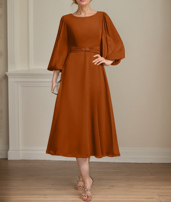 A-line Scoop Tea-Length Chiffon Mother of the Bride Dress With Crystal Brooch Pleated