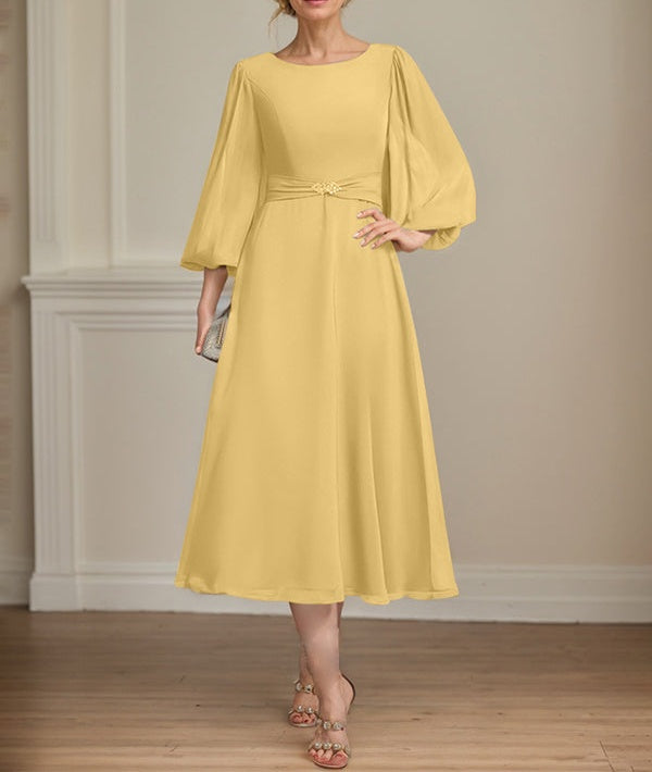A-line Scoop Tea-Length Chiffon Mother of the Bride Dress With Crystal Brooch Pleated