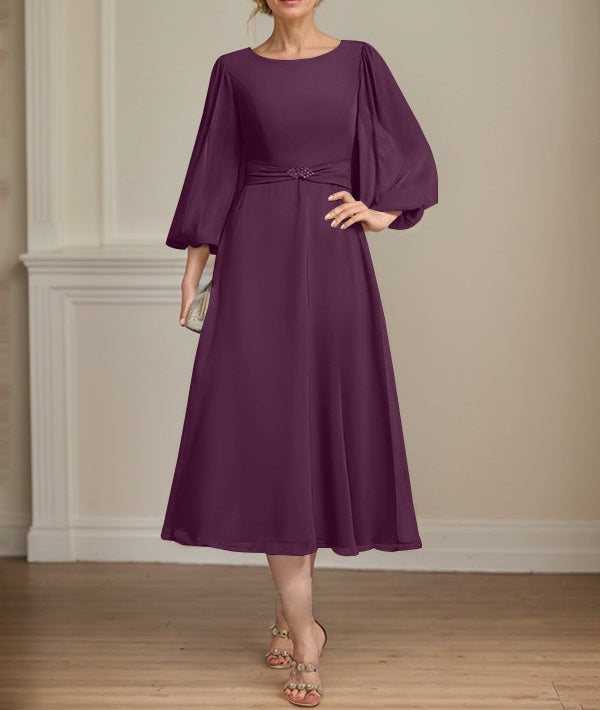 A-line Scoop Tea-Length Chiffon Mother of the Bride Dress With Crystal Brooch Pleated