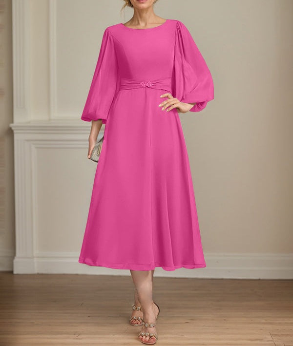 A-line Scoop Tea-Length Chiffon Mother of the Bride Dress With Crystal Brooch Pleated