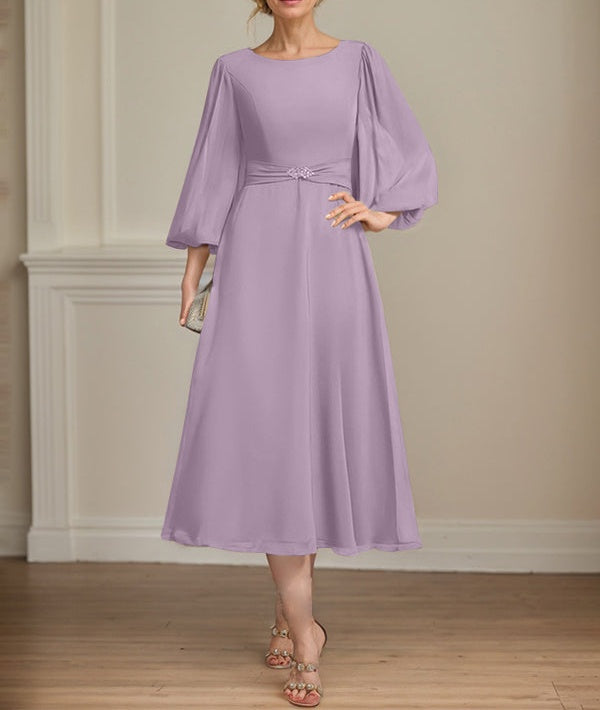 A-line Scoop Tea-Length Chiffon Mother of the Bride Dress With Crystal Brooch Pleated