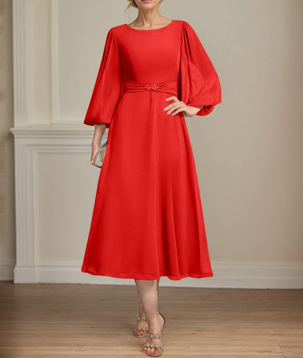 A-line Scoop Tea-Length Chiffon Mother of the Bride Dress With Crystal Brooch Pleated