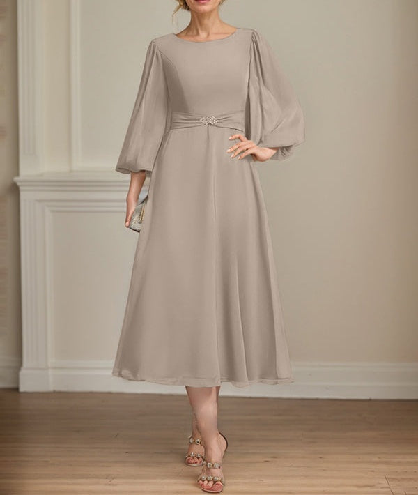 A-line Scoop Tea-Length Chiffon Mother of the Bride Dress With Crystal Brooch Pleated