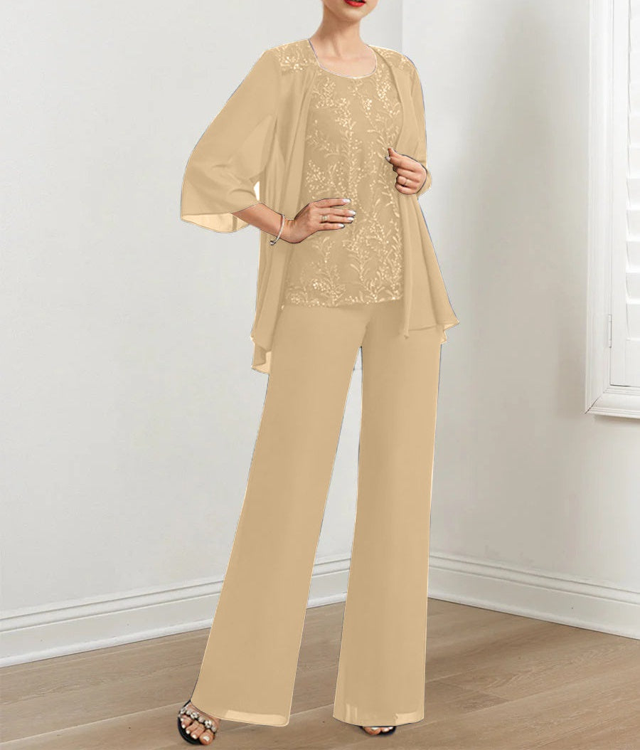 Chiffon Mother of the Bride Pantsuits with Sequins & Jacket
