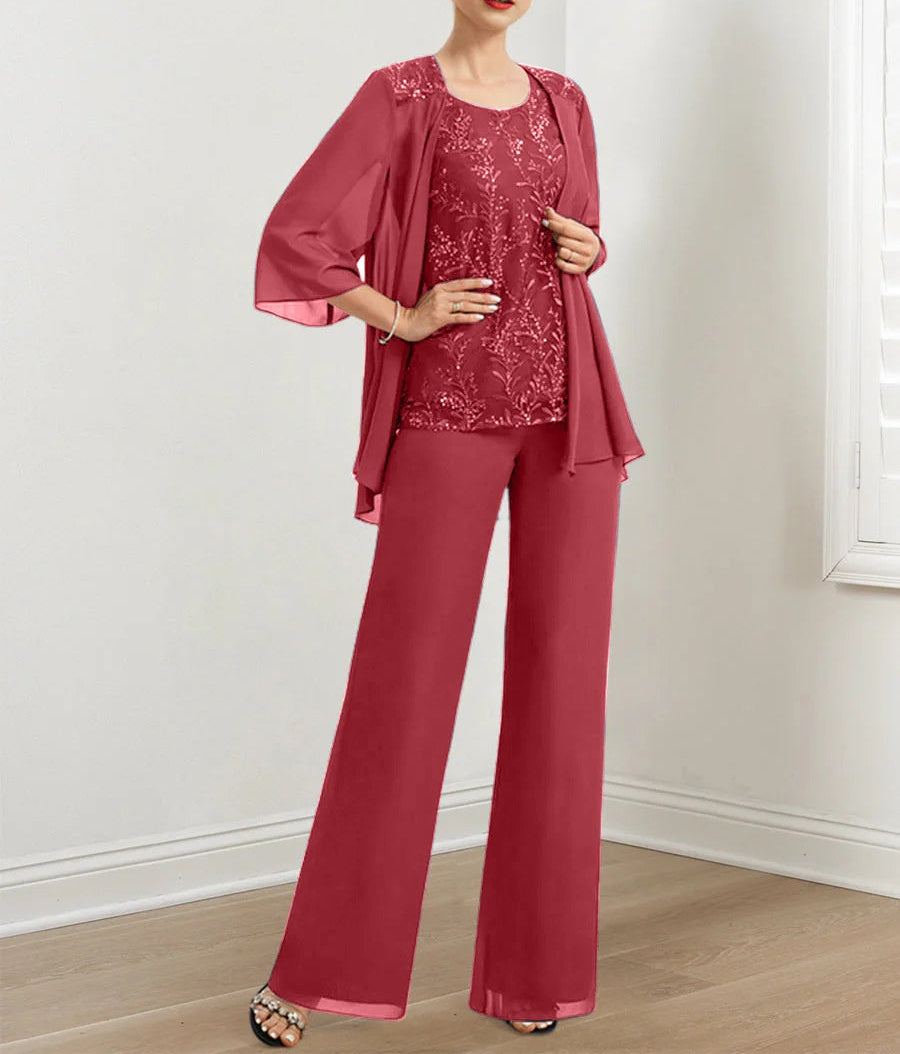 Chiffon Mother of the Bride Pantsuits with Sequins & Jacket