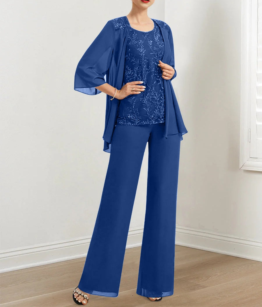 Chiffon Mother of the Bride Pantsuits with Sequins & Jacket