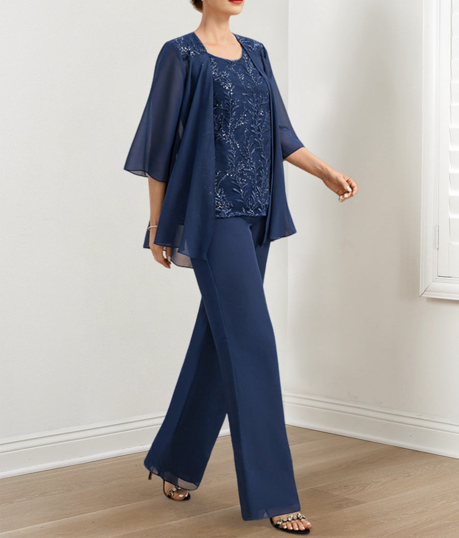 Chiffon Mother of the Bride Pantsuits with Sequins & Jacket